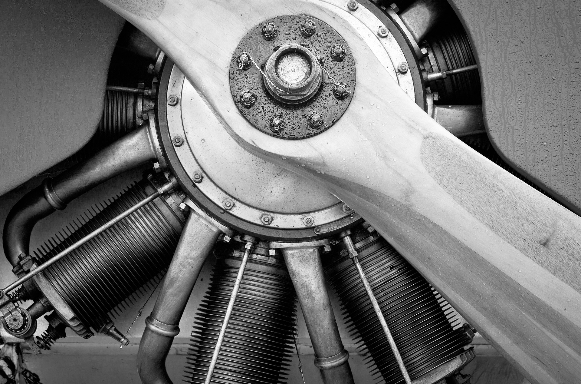 Close up, sharp-focus image of a steel propellor and steel springs.